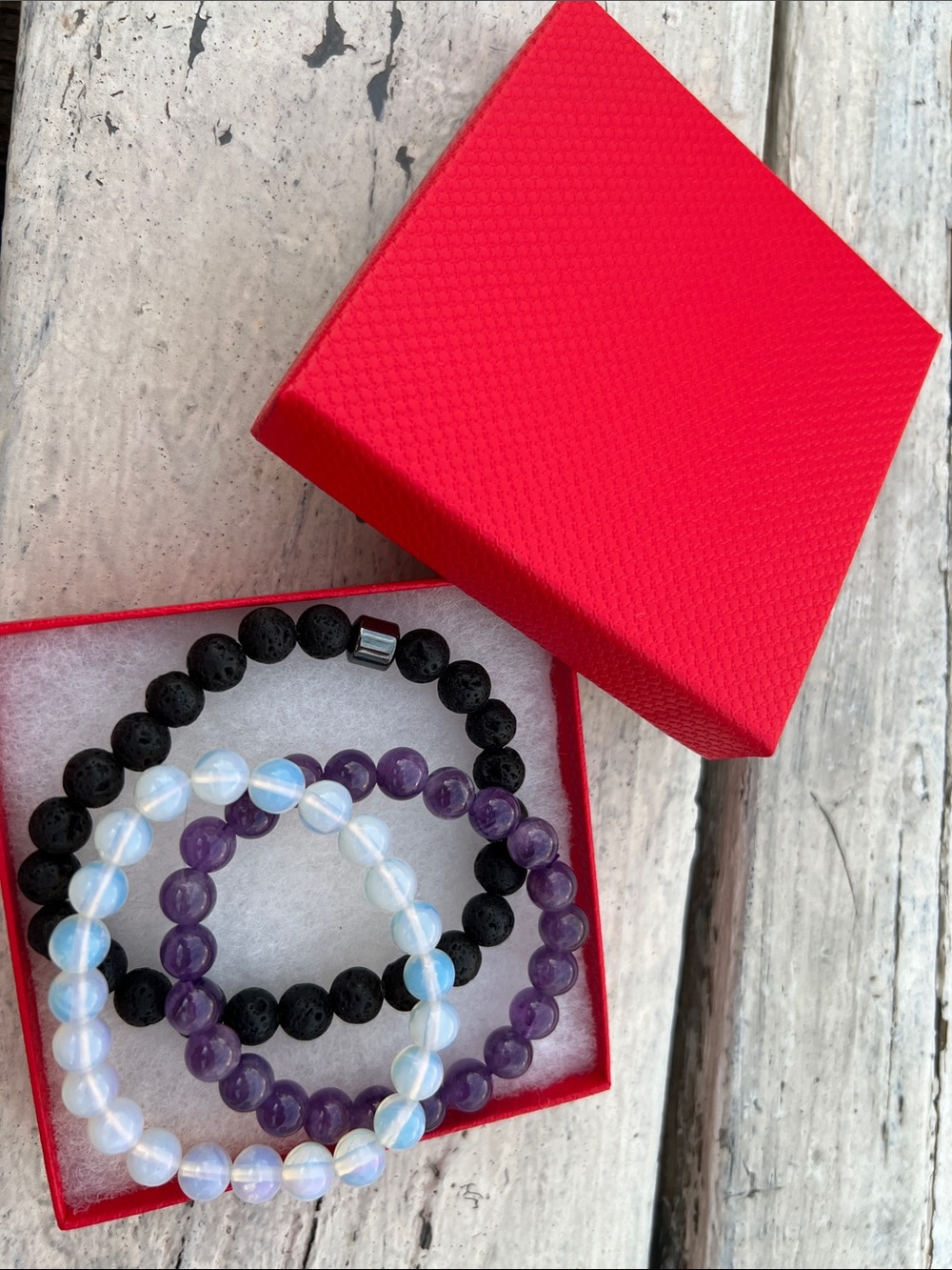 Set of 3 Women’s Beaded Bracelets - Black Lava, Purple Amethyst, Opalescent